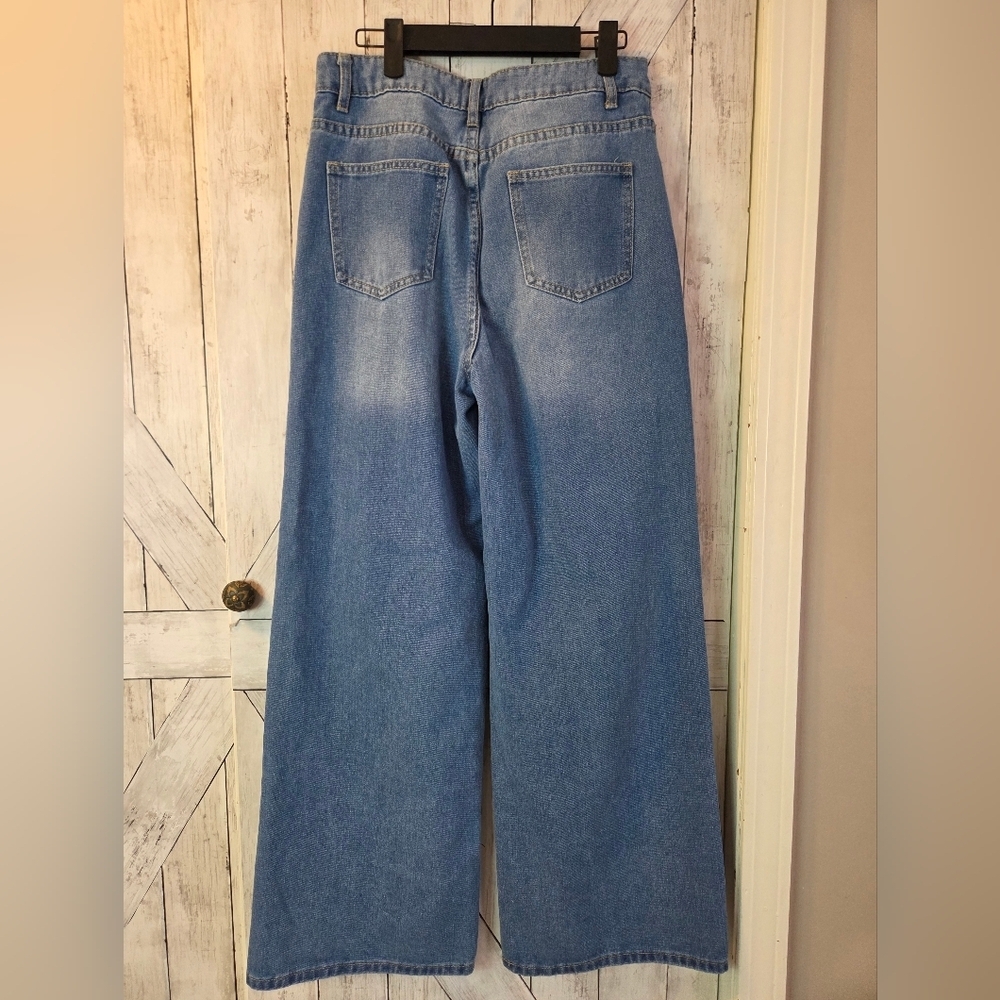 Wide Leg Women's Distressed Blue Jeans - Picture 4 of 4